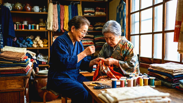 Two elderly Japanese women sewing traditional fabric in a sunlit craft workshop with textile supplies