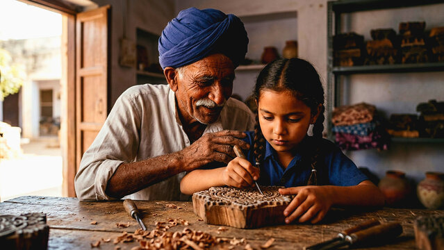 Indian grandfather teaching his granddaughter traditional wood carving in a rural workshop