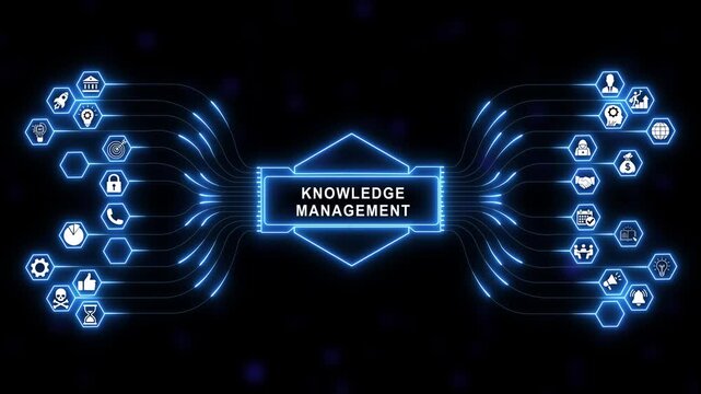 Comprehensive knowledge management concept infographic animation with glowing blue futuristic neural network lines, hexagon nodes, and corporate business on black background