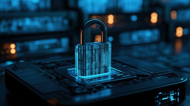 Secure server platform with cybersecurity padlock icon, idea for cloud security, data protection, network privacy
