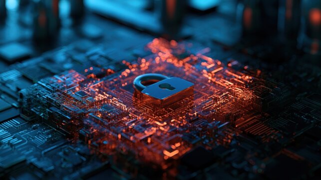 Secure server platform with cybersecurity padlock icon, idea for cloud security, data protection, network privacy

