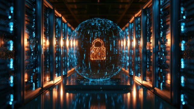 Secure server platform with cybersecurity padlock icon, idea for cloud security, data protection, network privacy

