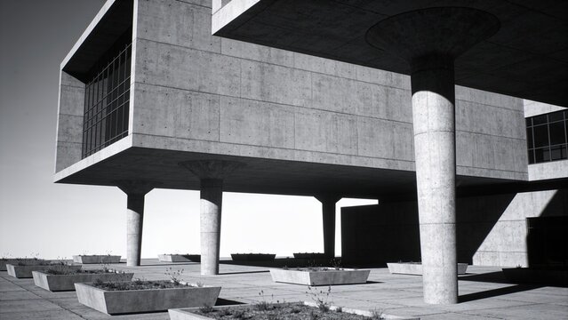 Low angle perspective of monumental brutalist architectural building exterior