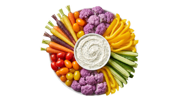 Colorful vegetable crudite platter with creamy dip. Fresh raw veggie tray with carrots, cauliflower and peppers. Healthy party snack appetizer.