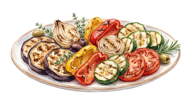 Grilled vegetables platter in watercolor style, roasted mediterranean vegetable assortment, healthy vegetarian food illustration on white background
