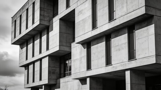 Modernist brutalist structure with heavy geometric overhangs in black and white
