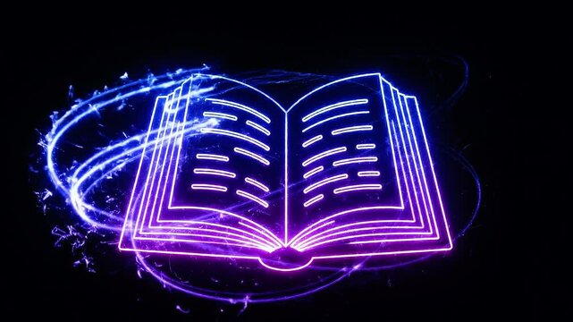Magical open book with neon lights and glowing particles animation.