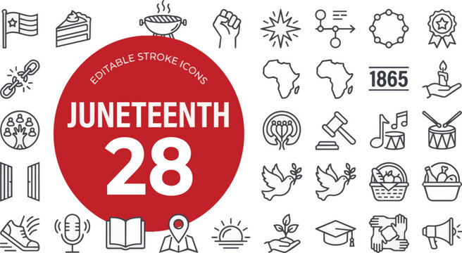 Juneteenth celebration icons set with symbols flags on transparent background Editable Stroke.