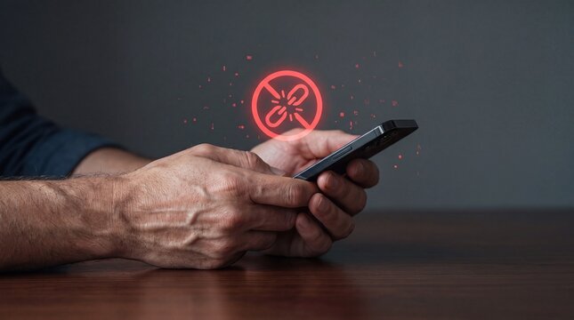 Man Holding Smartphone with No WiFi Icon Showing Internet Connection Error