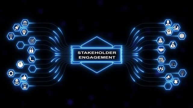 Dynamic blue neon digital infographic animation highlighting stakeholder engagement concepts with hexagonal network nodes, corporate communication and futuristic technology background