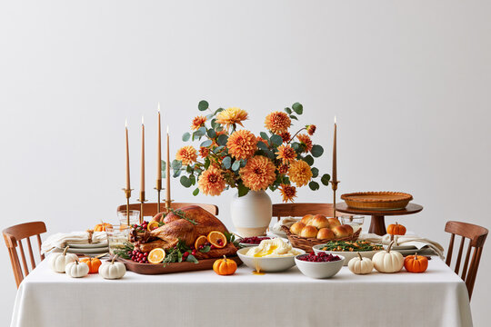 Elegant Thanksgiving table setting with roasted turkey, pumpkin pie and floral centerpiece on white tablecloth