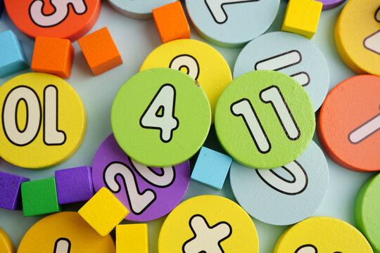 Number wood block cubes for learning Mathematic, education math concept.
