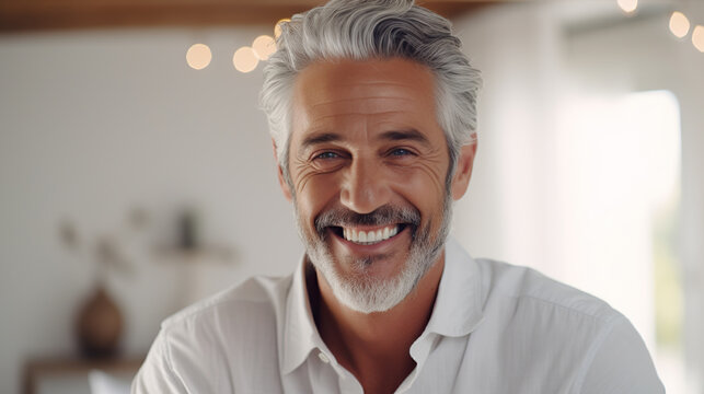 Happy mature man smiling with grey hair. Handsome man with a beautiful smile and expressive eyes, feeling confident and joyful.