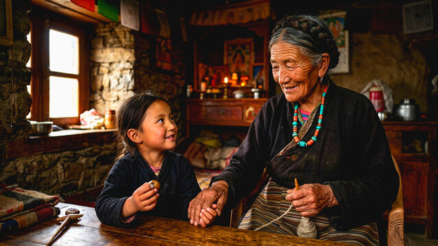 Elderly Tibetan woman and young girl holding hands inside a traditional rustic Himalayan home