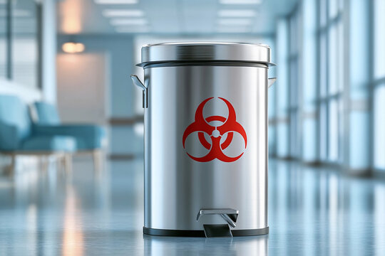 Biohazard waste container in a modern hospital hallway during daytime