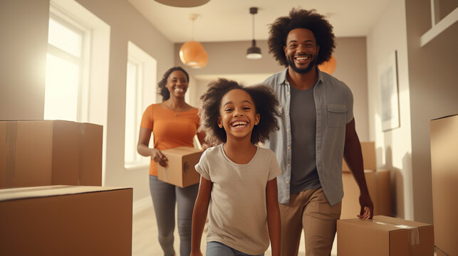 Happy family moving in new house. Couple with daughter carrying boxes in hallway. Sunshine, new beginning, joy.
