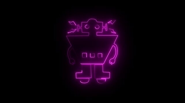 Purple neon glowing robot icon on a black background