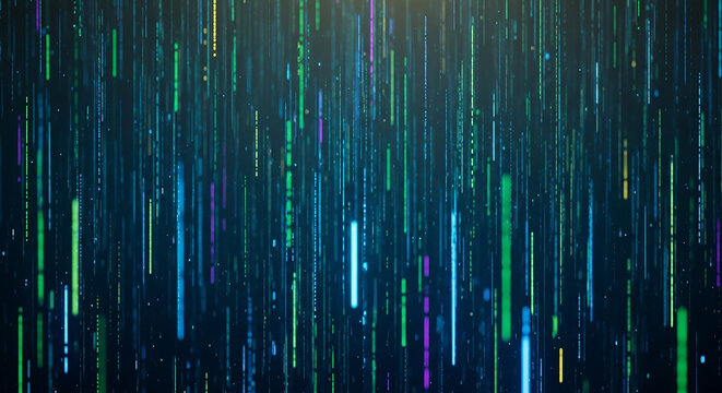 Colorful digital data visualization showing vertical streaming lines on dark background