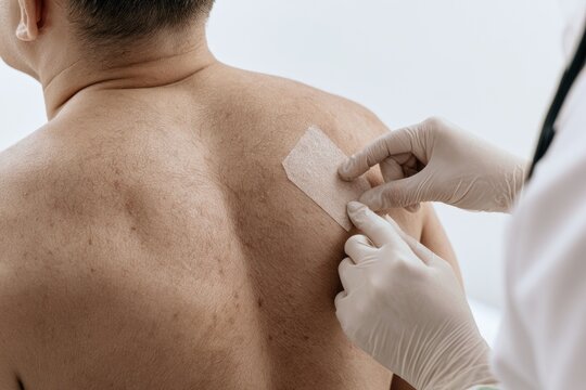 Close up of healthcare professional applying bandage to patients back during medical exam