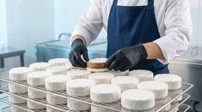 Cheesemaker in Gloves Packaging Soft Camembert Cheese Wheels on Metal Racks &ndash; Dairy Production