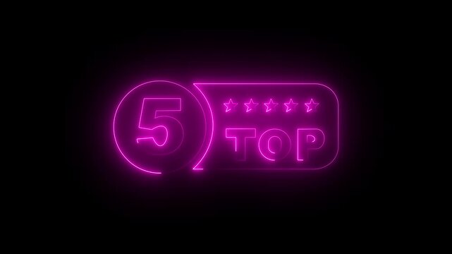 Glowing neon top 5 star rating icon animation on black background. top 5 star customer product rating icon. customer review concept, five star feedback icon animation.4k Animation video.