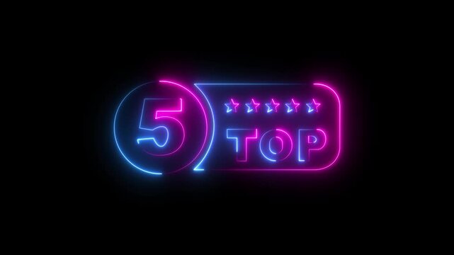 Glowing neon top 5 star rating icon animation on black background. top 5 star customer product rating icon. customer review concept, five star feedback icon animation.4k Animation video.