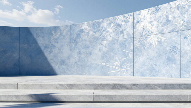 Modern empty stage with blue ice wall and marble stairs