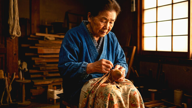 Elderly Japanese woman carving a small wooden figurine in a traditional workshop with natural light
