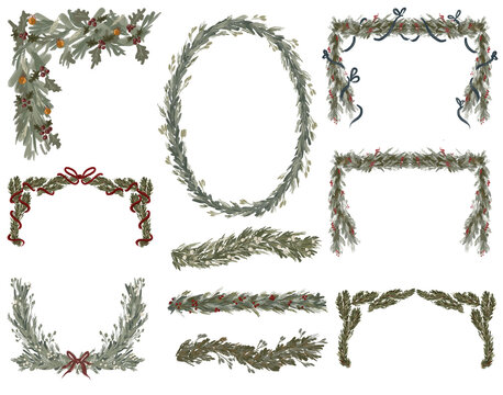 Christmas Evergreen Frames and Garlands with Berries and Ribbons Collection