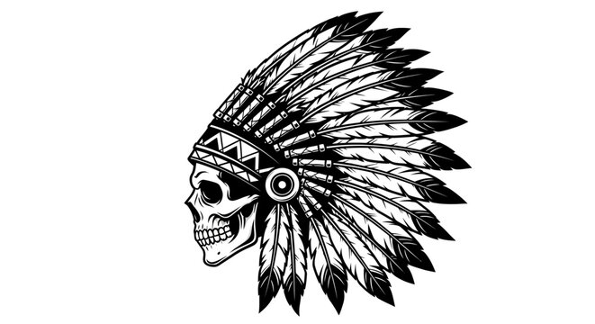 Striking vector illustration of a Native American chief wearing a traditional feathered war bonnet headdress with intricate tribal patterns and symbolic cultural motifs on white background.
