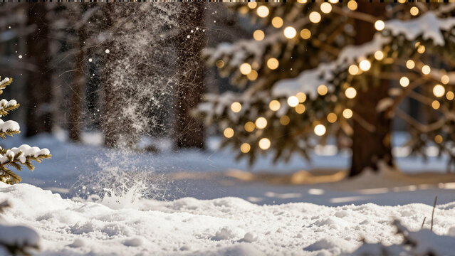 Snow Splash in Magical Winter Forest with Bokeh Lights