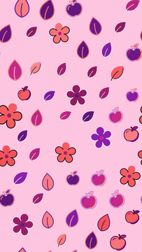 Seamless pattern of stylized apples, flowers, and leaves