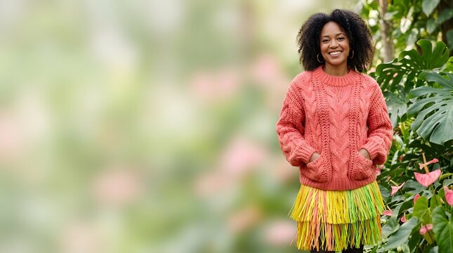 Smiling black woman wearing coral sweater and colorful fringe skirt in a lush garden