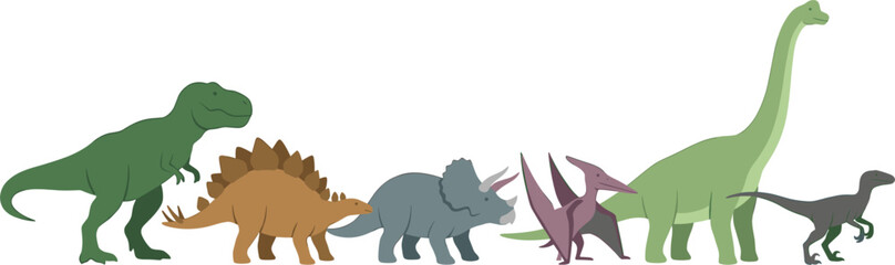 Dinosaur Silhouette Flat Vector Set with Trex, Stegosaurus, Triceratops, Pterodactyl, Brachiosaurus, and Raptor Illustrations © Mustak