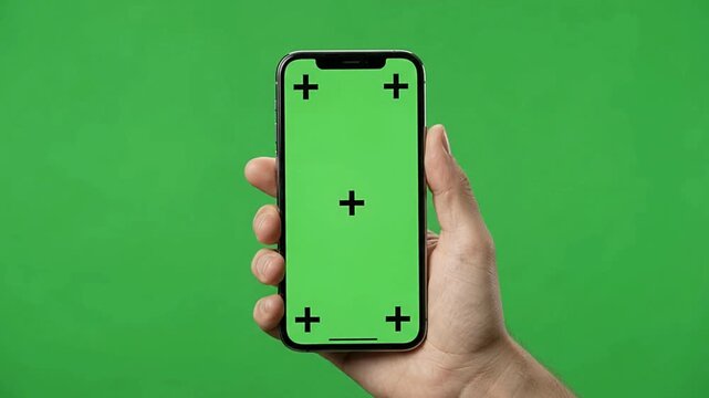 Hand holding modern smartphone with chroma key green screen and tracking markers for mobile application video motion edit project footage