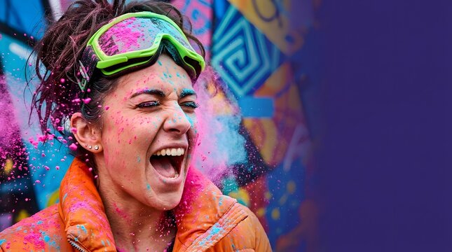 Excited woman celebrating holi festival with colorful powder splash