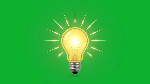 Glowing light bulb animation featuring radiant yellow rays emerging against a vibrant green screen background for creative digital video footage