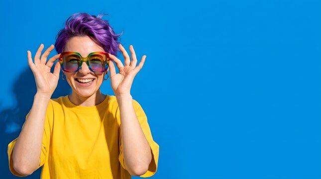 Happy woman with purple hair and rainbow sunglasses on blue background