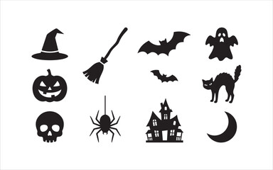 Fototapeta premium Set of black halloween silhouettes including pumpkins bats ghosts and other spooky holiday icons on white background
