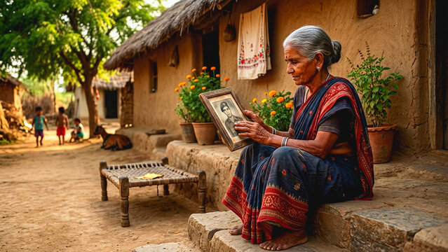Elderly woman in traditional attire using a tablet outdoors in rustic village setting with natural daylight