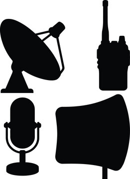Set of black silhouettes featuring a satellite dish, walkie-talkie, microphone, and megaphone