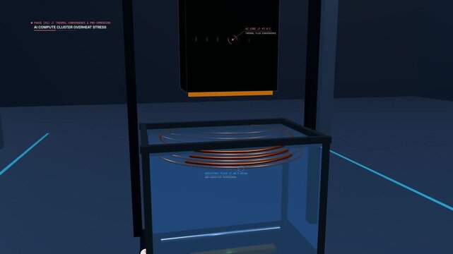 3D animation of an immersion cooling system for an AI compute cluster showing a server submerged in dielectric hydrocarbon fluid for thermal management in a high tech data center