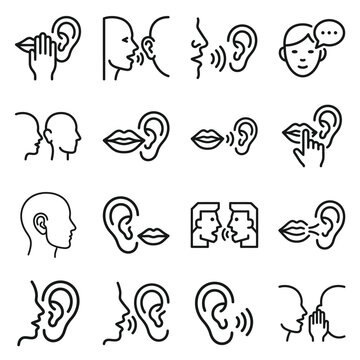 Collection of Icons Representing Hearing and Speaking Concepts.
