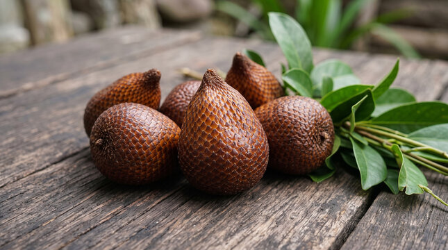 fresh snake fruit salak on wooden surface with leaves