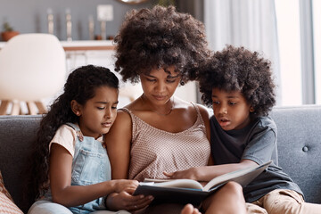 Fototapeta premium Reading, mom and children in home with book, parent storytelling and bonding with literature hobby. Childcare, family and African people with novel, connection and learning together in quality time.