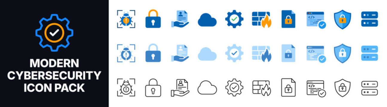 Modern Cybersecurity Icon Pack with Cloud Security, Firewall, Padlock, Secure Files, Data Protection, Verified Shield, Server and Web Security Symbols in Blue Filled and Outline Vector Style