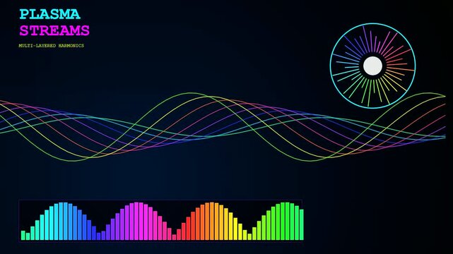 Vibrant plasma turbulence displays oscillating rainbow light waves that pulse rhythmically across a dark screen while circular harmonic visualizations fluctuate in a smooth synchronized digital motion