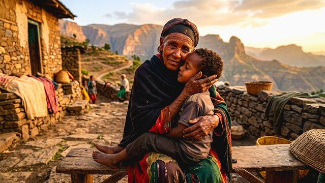 Indigenous woman and child embracing outdoors in rural village setting with warm golden hour lighting