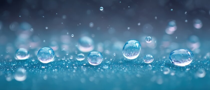 Macro shot of water droplets resting on a surface featuring a soft focus and beautiful bokeh background