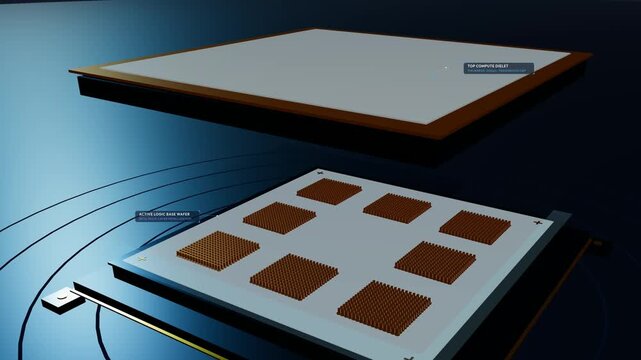 Animation of 3D chip stacking and advanced packaging showing a top compute chiplet connecting to an active logic base wafer using TSV micro-pillar array for high speed photonic data flow